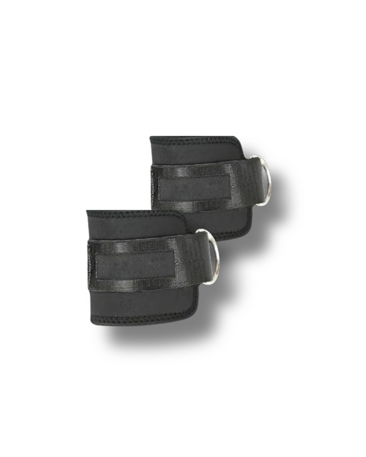 unbranded neoprene padded ankle cuffs with D-ring attachment for cable machines, leg and glute workouts