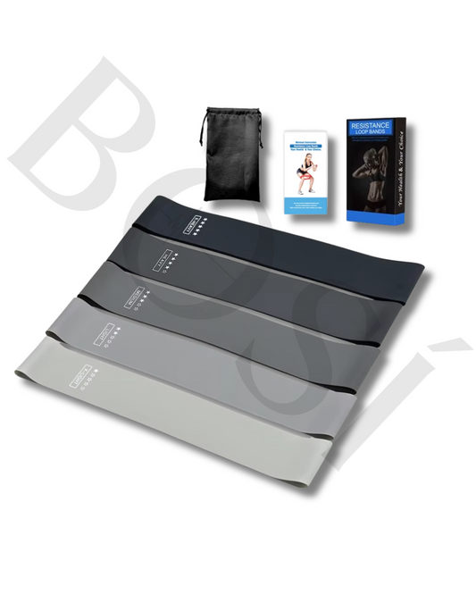 BOSÍ Resistance Loop Bands set of 5 with pouch and guide – light to XX-heavy.