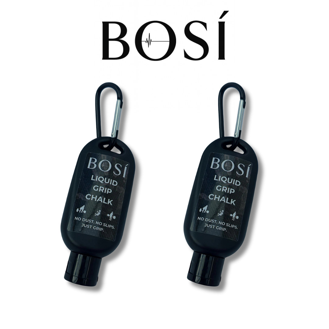 Two black containers 50ml  of BOSì liquid grip chalk with carabiners on a white background.
