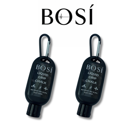 Two black containers 50ml  of BOSì liquid grip chalk with carabiners on a white background.
