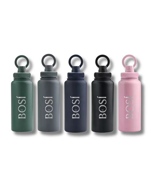 BOSÍ 32oz thermal bottle with magnetic phone holder ring, insulated stainless steel design for hot and cold drinks. Available in green, grey, navy, black, and pink.