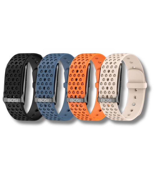 BOSì Health Band in black, blue, orange, and beige, breathable sports strap with adjustable fit for fitness tracking and everyday wear