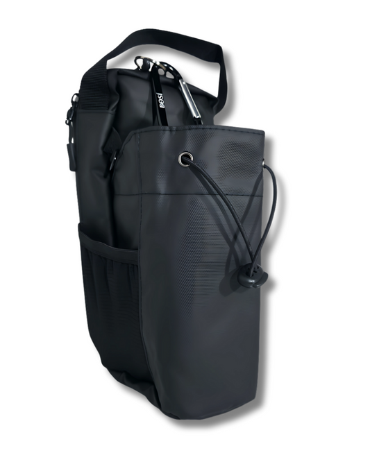 Black drawstring bag with a shoulder strap on a white background. BOSì black waterproof gym bag with secure zip closure, side pocket, and built-in back magnet for attaching to gym equipment