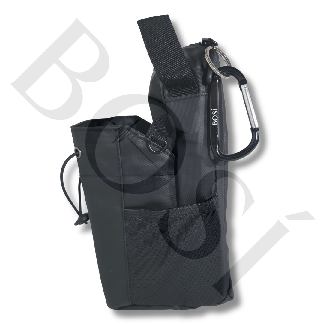 Side view of BOSì black magnetic gym bag showing durable Oxford fabric and strap